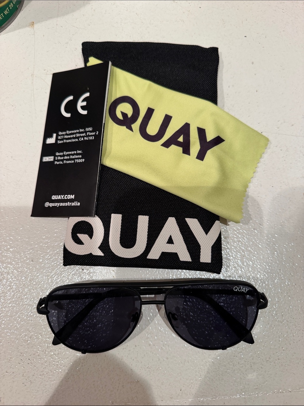 Quay Australia Black Aviator Sunglasses with Lime Cleaning Cloth